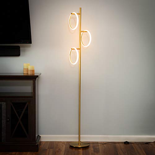 Brightech Saturn Floor Lamp, Great Living Room Decor, Tall Tree Lamp for Offices, Contemporary Lamp for Living Rooms, Standing Lamp with 3 LED Lights for Bedroom Reading - Gold/Brass