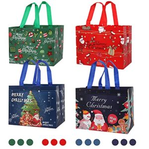 12 pack large christmas gift bag reusable tote bags with handle, non-woven grocery shopping totes santa claus snowman reindeer bag for holiday xmas event party, 12.2″ x 9.8″ x 4.5″