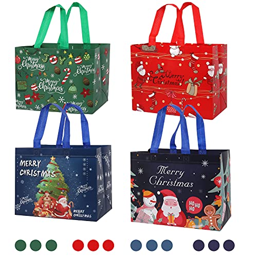 12 Pack Large Christmas Gift Bag Reusable Tote Bags with Handle, Non-Woven Grocery Shopping Totes Santa Claus Snowman Reindeer Bag for Holiday Xmas Event Party, 12.2" x 9.8" x 4.5"