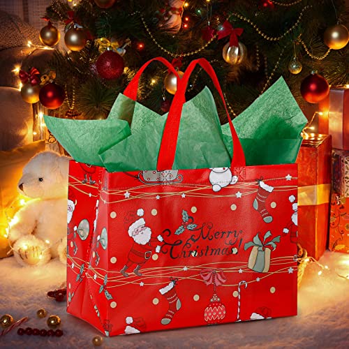 12 Pack Large Christmas Gift Bag Reusable Tote Bags with Handle, Non-Woven Grocery Shopping Totes Santa Claus Snowman Reindeer Bag for Holiday Xmas Event Party, 12.2" x 9.8" x 4.5"