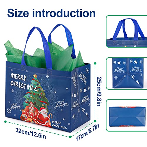 12 Pack Large Christmas Gift Bag Reusable Tote Bags with Handle, Non-Woven Grocery Shopping Totes Santa Claus Snowman Reindeer Bag for Holiday Xmas Event Party, 12.2" x 9.8" x 4.5"