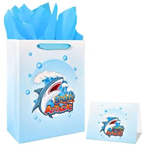 13″ large shark gift bag for boys kids birthday baby shower with tissue paper and greeting card