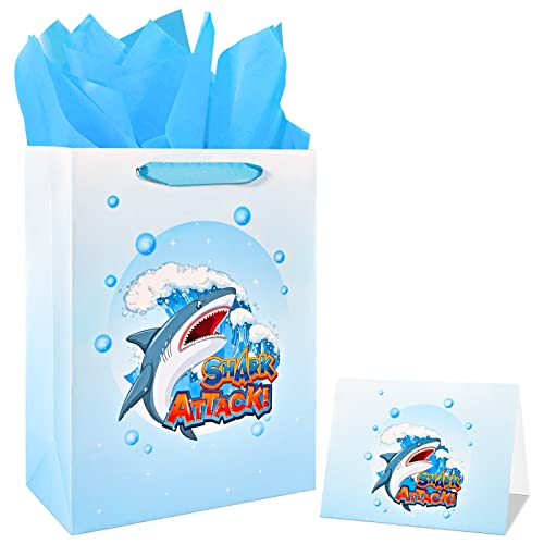 13" Large Shark Gift Bag for Boys Kids Birthday Baby Shower with Tissue Paper and Greeting Card