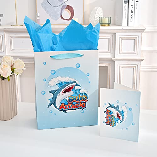 13" Large Shark Gift Bag for Boys Kids Birthday Baby Shower with Tissue Paper and Greeting Card