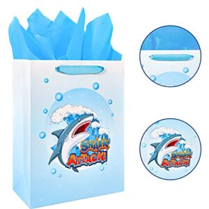 13" Large Shark Gift Bag for Boys Kids Birthday Baby Shower with Tissue Paper and Greeting Card