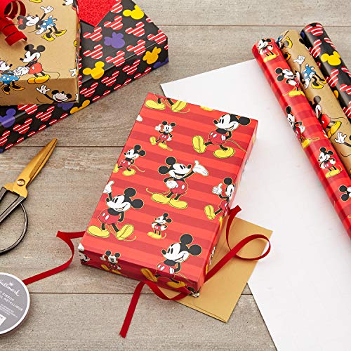 Hallmark Disney Mickey Mouse Wrapping Paper with Cut Lines on Reverse (3-Pack: 60 sq. ft. ttl) for Birthdays, Christmas, Hanukkah, Baby Showers and More