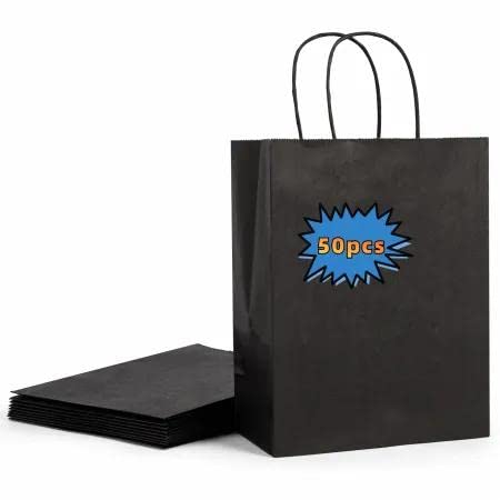 PAICUIKE Black Kraft Paper Bags Gift Bags With Handle 8.3x3.2x6.3 50Pcs Party Favor Bags for Shopping Wedding,Baking Outer Bags,Birthday Party,Celebrations Gift Package