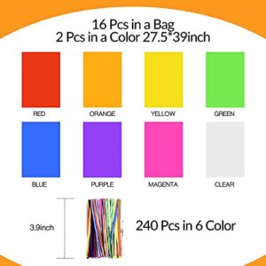 Tallew 16 Pcs 28 x 40 Inch Cellophane Sheets Cello Wraps Colored Cellophane Paper Transparent Colored Gift Wrap Cellophane with 240 Pcs Metallic Twist Ties, for DIY Arts Crafts Gifts Wrapping