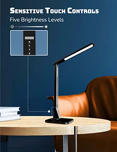 soysout LED Desk Lamp, Table Lamp with USB Charging Port, 4 Lighting Mode with 5 Brightness Levels, 1H Timer, Memory Function, Brightest Desk Light for Study, Reading, Office and Bedroom, 14W (Black)