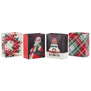 hallmark 9″ medium christmas gift bag bundle (4 bags: traditional santa, holly wreath, snowy red car, red and green plaid) for friends, coworkers, teachers, neighbors