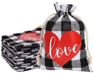 whaline 25 pack valentine’s day burlap gift bags black white buffalo plaid drawstring bags love heart prints linen pouches sacks for wedding bridal shower party favors supplies, 5 x 7 inch