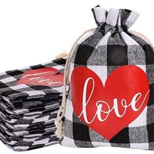 Whaline 25 Pack Valentine's Day Burlap Gift Bags Black White Buffalo Plaid Drawstring Bags Love Heart Prints Linen Pouches Sacks for Wedding Bridal Shower Party Favors Supplies, 5 x 7 Inch