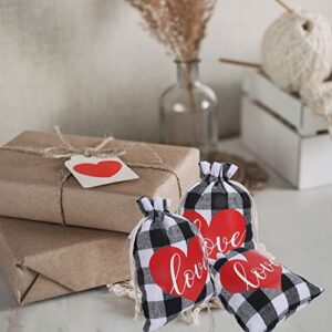 Whaline 25 Pack Valentine's Day Burlap Gift Bags Black White Buffalo Plaid Drawstring Bags Love Heart Prints Linen Pouches Sacks for Wedding Bridal Shower Party Favors Supplies, 5 x 7 Inch