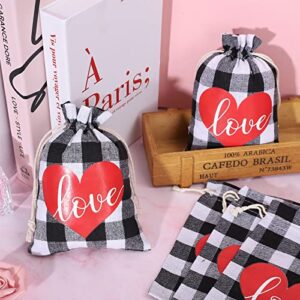 Whaline 25 Pack Valentine's Day Burlap Gift Bags Black White Buffalo Plaid Drawstring Bags Love Heart Prints Linen Pouches Sacks for Wedding Bridal Shower Party Favors Supplies, 5 x 7 Inch