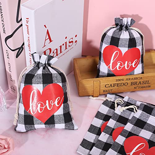 Whaline 25 Pack Valentine's Day Burlap Gift Bags Black White Buffalo Plaid Drawstring Bags Love Heart Prints Linen Pouches Sacks for Wedding Bridal Shower Party Favors Supplies, 5 x 7 Inch