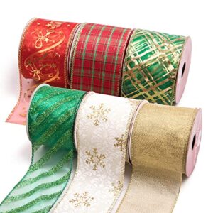 arcci wired christmas ribbon, assorted organza plaid sheer glitter crafts gift wrapping ribbons colorful xmas holiday decorations, 36 yards (6 roll x 6 yd) by 2-1/2 inch