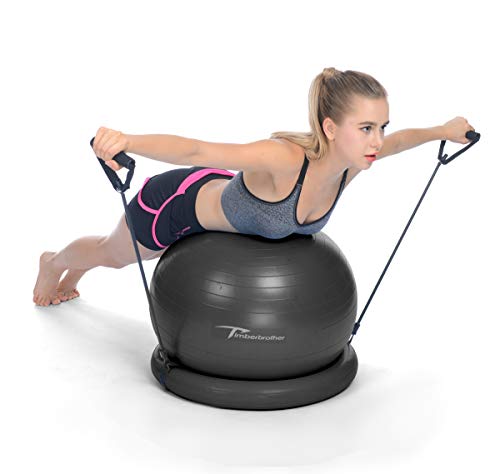 Timberbrother 75cm Exercise Ball Chair with Resistance Bands Workout Poster 16.5”x 22.4”,Stability Ball Base for Gym and Home Exercise (Black with Ring & Bands)