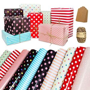 wrapping paper sheets – folded flat – 10 pack birthday wrapping paper set included 10 pieces of cards tags and 10 meters of cotton thread, dots, stripe colorful gift wrapping paper for present-birthday gift wrap paper for birthday, baby shower, weddings,