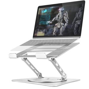 bcom adjustable laptop stand with 360° rotating base，foldable aluminum alloy computer laptop riser，ergonomic design，compatible with 10 to 17″ laptops，laptop stand for desk for office and home，silver