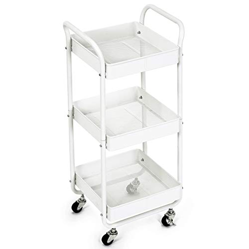 3-Tier Metal Utility Rolling Cart, Bathroom Supply Carts with Handles and Roller Wheels, Trolley Organizer for Kitchen Home Bedroom Office, White