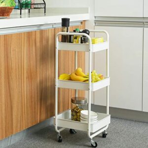 3-Tier Metal Utility Rolling Cart, Bathroom Supply Carts with Handles and Roller Wheels, Trolley Organizer for Kitchen Home Bedroom Office, White