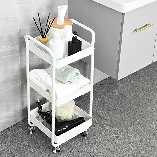 3-Tier Metal Utility Rolling Cart, Bathroom Supply Carts with Handles and Roller Wheels, Trolley Organizer for Kitchen Home Bedroom Office, White