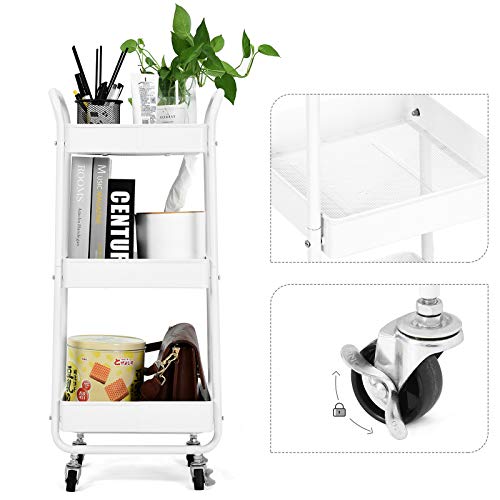 3-Tier Metal Utility Rolling Cart, Bathroom Supply Carts with Handles and Roller Wheels, Trolley Organizer for Kitchen Home Bedroom Office, White