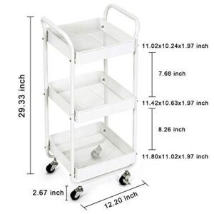 3-Tier Metal Utility Rolling Cart, Bathroom Supply Carts with Handles and Roller Wheels, Trolley Organizer for Kitchen Home Bedroom Office, White