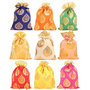touchstone drawstring bags traditional indian handcrafted in ficus leaf pattern brocade fabric. perfect for gifts jewelry weddings sweet distribution set of 9 vibrant multicolor pouches purses potli.