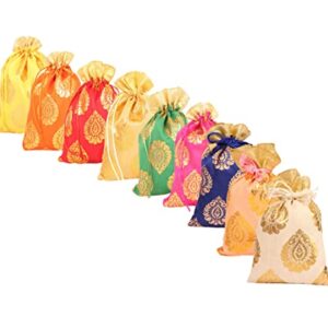 Touchstone Drawstring Bags Traditional Indian Handcrafted in Ficus Leaf Pattern Brocade fabric. Perfect for Gifts Jewelry Weddings Sweet Distribution Set of 9 Vibrant Multicolor Pouches Purses Potli.