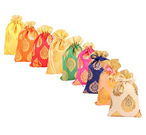 Touchstone Drawstring Bags Traditional Indian Handcrafted in Ficus Leaf Pattern Brocade fabric. Perfect for Gifts Jewelry Weddings Sweet Distribution Set of 9 Vibrant Multicolor Pouches Purses Potli.