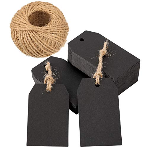 100 PCS Kraft Paper Gift Tags with 100 Feet Jute Twine 2.7’’x 1.5’’ Vintage Wedding Name Tags Price Hang Tags (Black)