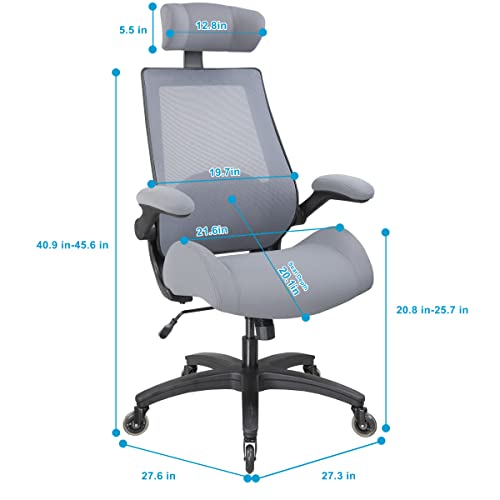 BOLISS Office Chair,with Thicken Seat Cushion Waist Support Adjustable Headrest Flipped Arms Erogonomic Office Desk Chair,Suilt for Home and Office-Gry