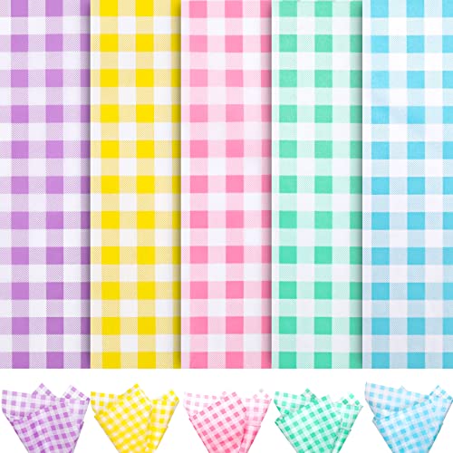 Whaline 100 Sheets Spring Pastel Tissue Paper Folded Flat Buffalo Plaid Wrapping Paper Purple Yellow Pink Green Blue Gift Tissue Paper for Home DIY Gift Bags Summer Easter Birthday Decor, 14 x 20inch