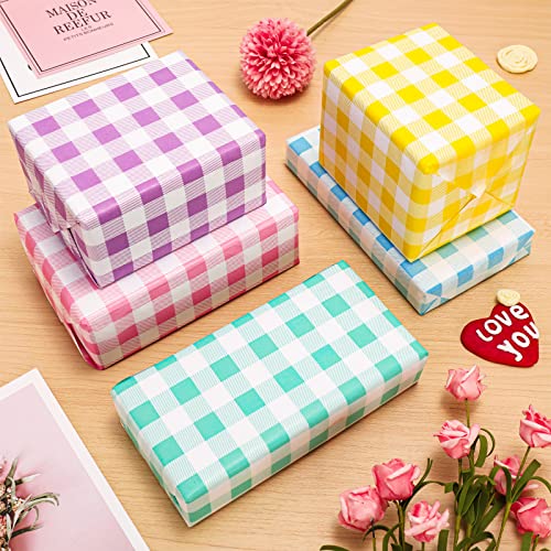 Whaline 100 Sheets Spring Pastel Tissue Paper Folded Flat Buffalo Plaid Wrapping Paper Purple Yellow Pink Green Blue Gift Tissue Paper for Home DIY Gift Bags Summer Easter Birthday Decor, 14 x 20inch