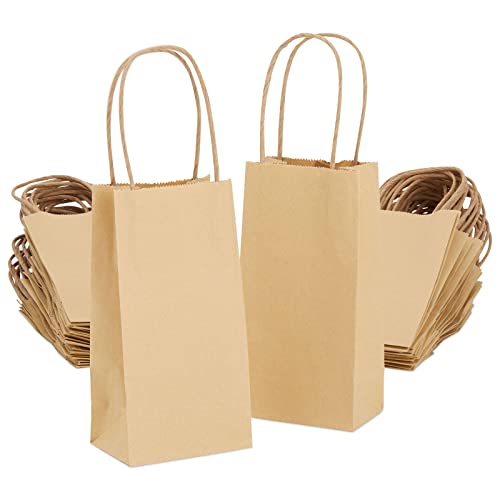 Juvale 50 Pack Small Brown Gift Bags with Handles, 3.5 x 2.4 x 6.3 Inch Bulk Kraft Paper Material Bags for Party Favors and Goodies