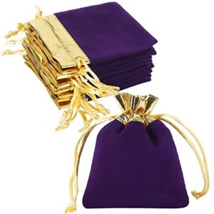 hrx package small velvet jewelry bags 3×4 inch, 20pcs purple gold cloth gift pouches with drawstrings