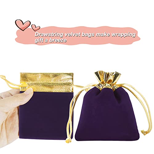 HRX Package Small Velvet Jewelry Bags 3x4 inch, 20pcs Purple Gold Cloth Gift Pouches with Drawstrings