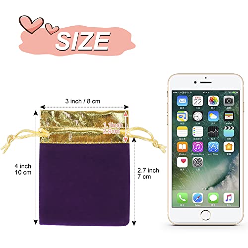 HRX Package Small Velvet Jewelry Bags 3x4 inch, 20pcs Purple Gold Cloth Gift Pouches with Drawstrings