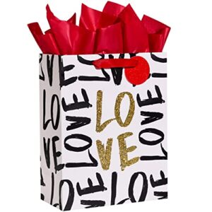 suncolor 13″ large valentines day gift bag with tissue paper (love)