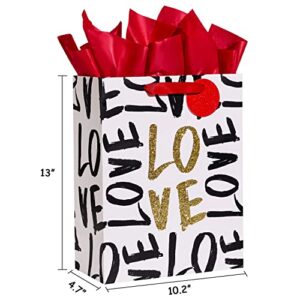 SUNCOLOR 13" Large Valentines Day Gift Bag with tissue paper (LOVE)
