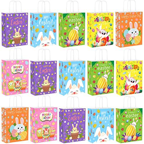 Aodaer 30 Pieces Easter Bunny Gift Bags 8.7 x 6.3 x 3.1 Inches Easter Party Favor Bags with Handles Kraft Paper Bags for Easter Party Favors