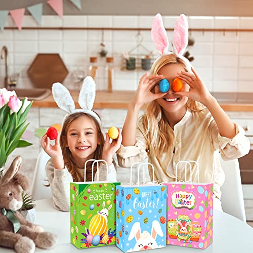 Aodaer 30 Pieces Easter Bunny Gift Bags 8.7 x 6.3 x 3.1 Inches Easter Party Favor Bags with Handles Kraft Paper Bags for Easter Party Favors