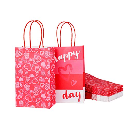 Gatherfun Hot Pink Heart Love Kraft Paper Gift Bags with handles for Valentine's Day, Weddings, Engagements, Anniversaries, Bridal Showers, Birthday Party 2 Designs, 24 Pack, 5.5X3.2X9inch