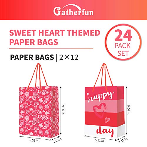 Gatherfun Hot Pink Heart Love Kraft Paper Gift Bags with handles for Valentine's Day, Weddings, Engagements, Anniversaries, Bridal Showers, Birthday Party 2 Designs, 24 Pack, 5.5X3.2X9inch