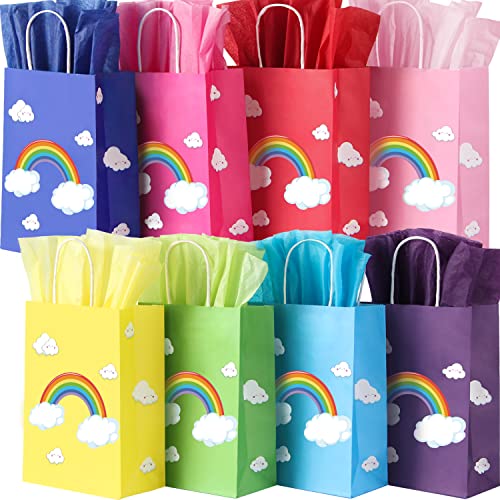 BLEWINDZ 32 Pieces Rainbow Goodie Bags Small Party Favor Bags with 32 Tissue Paper, 8.7" Small Gift Bags with Handles for Kids Birthday, Baby Shower, Colorful Party Supplies