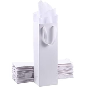 12 Pieces Kraft Wine Bag Paper Wine Bag Wine Bottle Bag Holder with Handles with Kraft Tissue Paper Retail Wine Bag for Christmas Holiday Celebrations Wedding, 4 x 3.5 x 14 Inch(White)