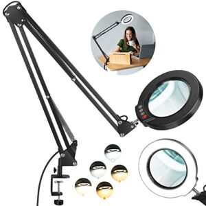 5x large magnifying glass with light and stand, krstlv 2 x 16 inch swivel arm led desk lamp with clamp, 5 color modes stepless dimmable lighted magnifier hands free for close work, craft, hobby, black