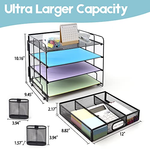 Hiaksedt Desk Organizers 4-Trays Desk File Organizers with 2 Hanging Pen Holders and Drawer,Office Desk Organizers and Accessories Paper Letter Tray Organizer for Home Office Supplies