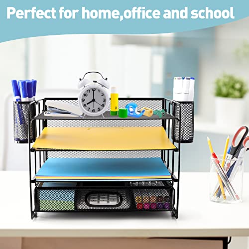 Hiaksedt Desk Organizers 4-Trays Desk File Organizers with 2 Hanging Pen Holders and Drawer,Office Desk Organizers and Accessories Paper Letter Tray Organizer for Home Office Supplies